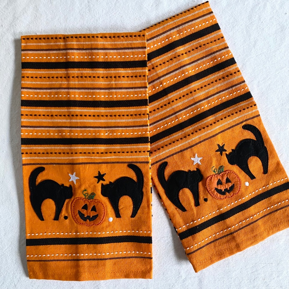Halloween Black Cat & Jack-O’-Lantern Dish Towels · Set of 2 Cotton Kitchen Tea
